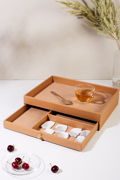 Glory Caramel Tea Tray With Pull-Out Drawer